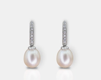 Pearl hoop earrings with pendants - rhodium-plated 925 sterling silver