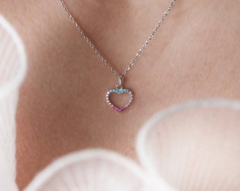 Heart necklace colored zirconia turquoise/pink - 925 sterling silver rhodium-plated