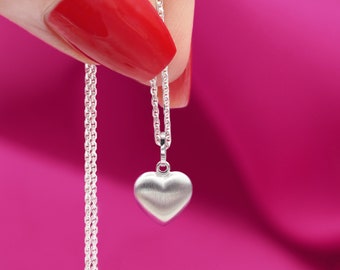 Simple heart chain pendant matt silver, brushed 925 sterling silver - optionally with silver chain