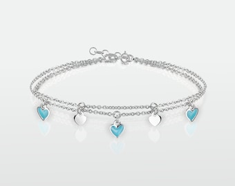 Heart bracelet turquoise 2-row 925 silver rhodium-plated