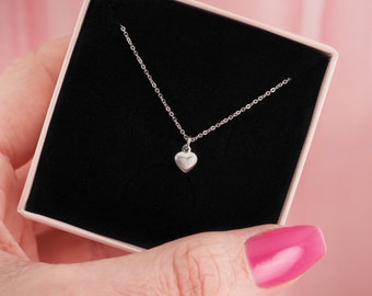 Necklace with mini heart pendant matt/shiny 925 sterling silver - ball chain or delicate anchor chain