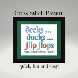 Può includere: Schema di punto croce con il testo "decks... docks... flip flops Need we anything more?" in lettere verdi, blu e rosse. Il testo è incorniciato in nero e verde. Il testo sotto la cornice dice "quick, fun and easy!"