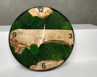 Modern wall clock with moss, wood & metal wall clock, handmade moss wall clock, circle wall clock, unique wall clock, moss wall decor