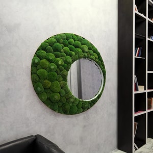 Unique home decor, Wall art with round mirror, Wood mirror with preserved moss, Moss wall art large, Wall decor bedroom, Wall mirror