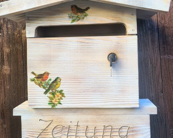 Post, decoration, wood, letterbox, mailbox, "little bird" motif in shabby look