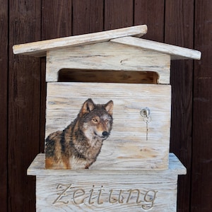 Letterbox, postbox, wall mailbox, wooden mailbox, &quot;WOLF&quot; motif, shabby look, wedding gift