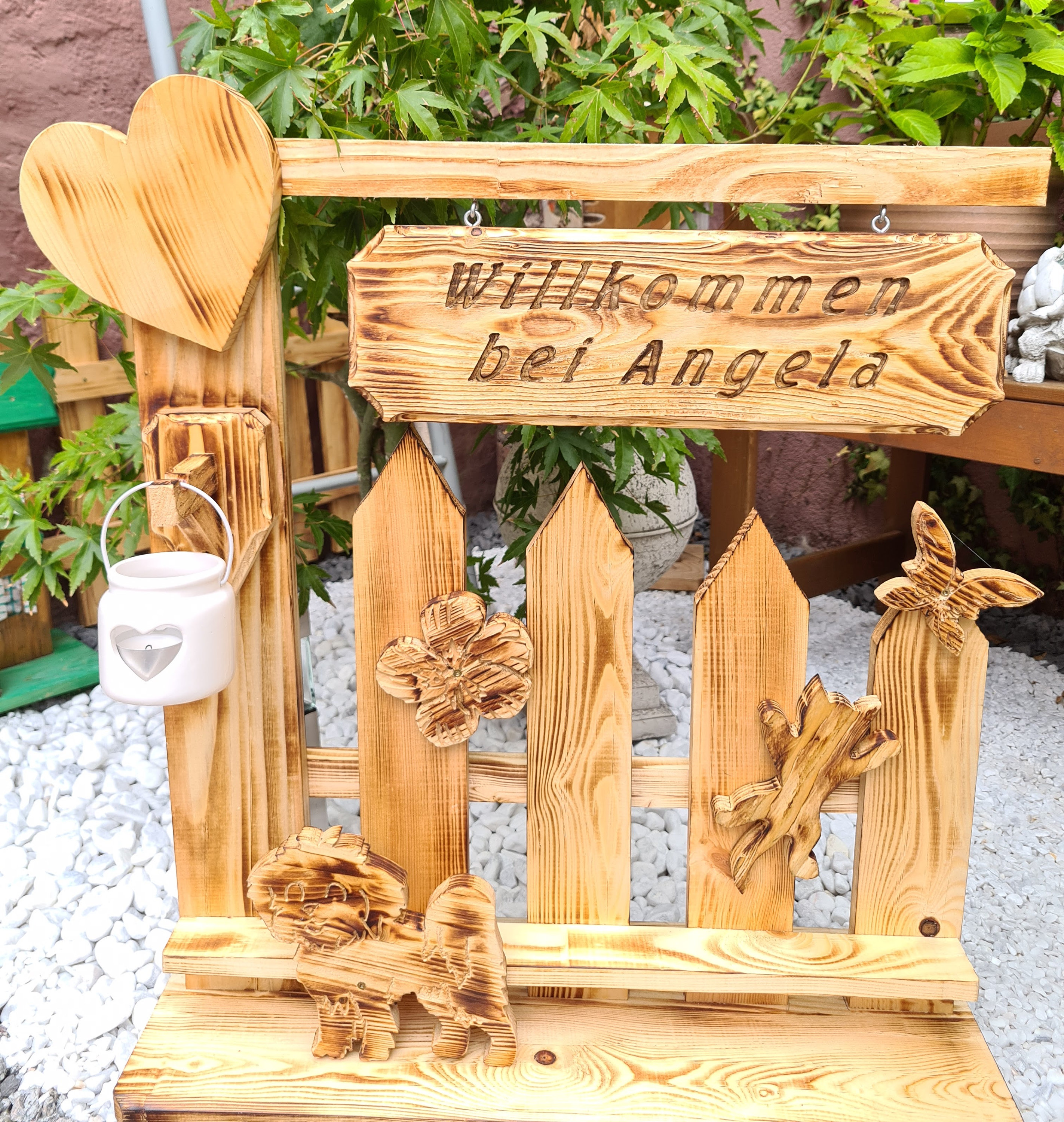 Willkommen Aufsteller, Hauseingang, Terrasse, Balkon, Garten Deko Objekt, Säule, Stele, Holzschild, Handarbeit, Geschenk