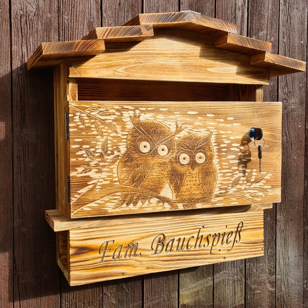 XL Briefkasten, Postkasten, Mailbox aus Holz, Motiv "Zwei Eulen" oder "Hirsch" geflammt, rustikal, ländlich, Handarbeit, personalisierbar