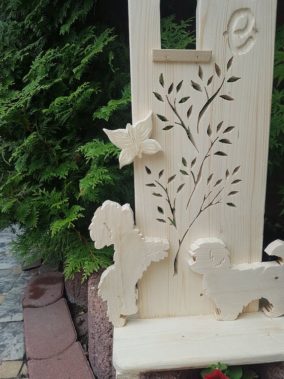 Holz Stele, Deko Objekt,Hauseingang, Terrasse, Balkon, Garten Deko,ländlich, Natur, Hunde,Geschenk