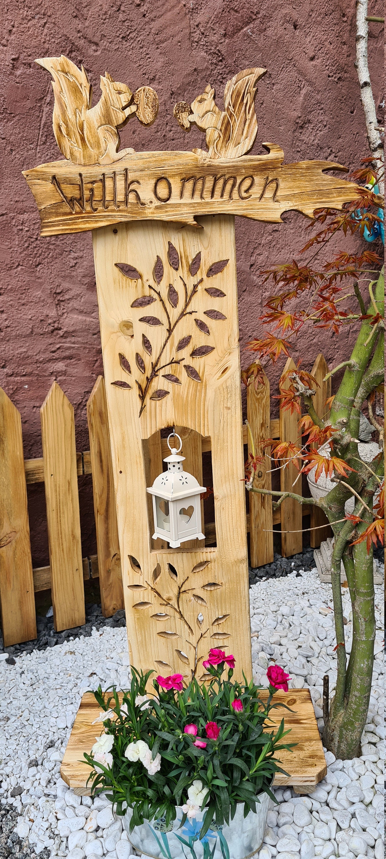 Holzbrett Willkommen, Deko Objekt, Haustür, Garten, Terrasse, Balkon, Handarbeit, Eichhörnchen, Eulen, Geschenk