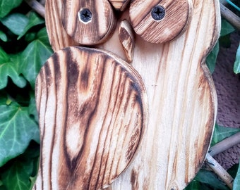 Wooden owls, handmade, wall picture, garden, home decoration object, gift