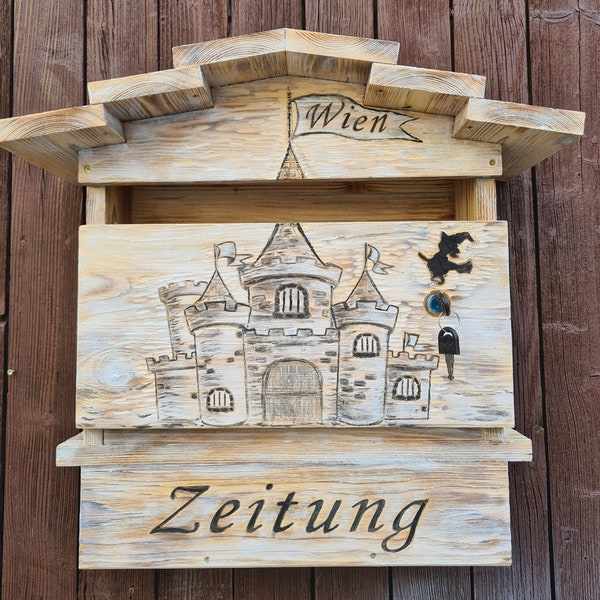 Briefkasten, Mailbox,Postkasten aus Holz, Motiv "BURG", Shabby Look, Handarbeit, Geschenk für jeden Anlass