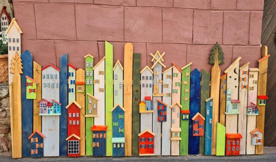 Bunte Zaun Latten, Holzlatten mit Häuschen und Windmühlen – einzeln oder als Set – handgemachte Gartendeko aus Holz, vielseitig verwendbar