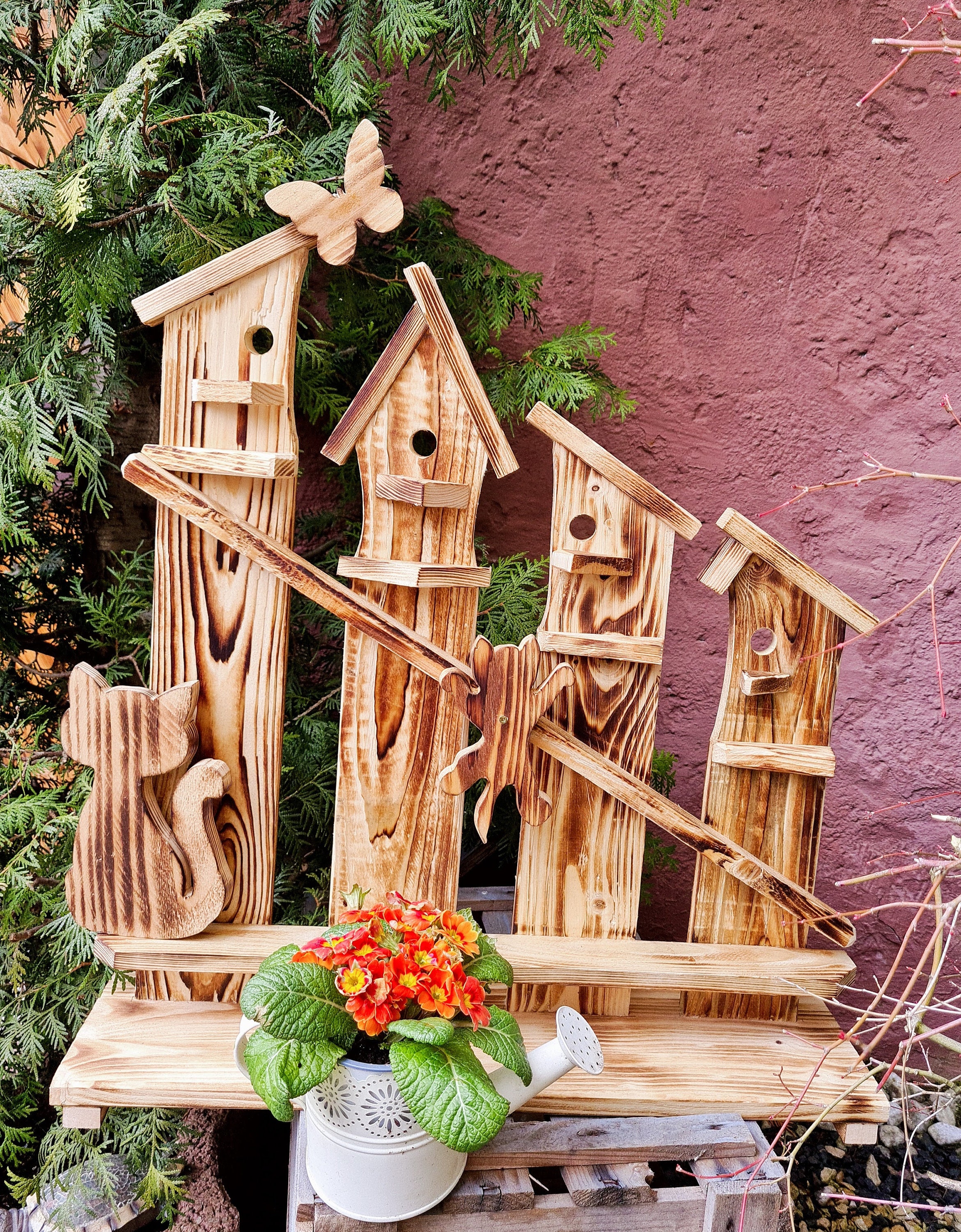 Deko Objekt für Garten, Hauseingang, Veranda, Balkon, Terrasse, Paletten Holz, Katzen, Schmetterling, Hund, geflammt, Handarbeit, Geschenk