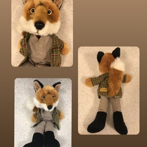 May include: A plush fox toy with a brown and white face, wearing a plaid jacket and vest over a checkered shirt. The fox has black boots and a fluffy white tail. The toy is designed to look like a fox.