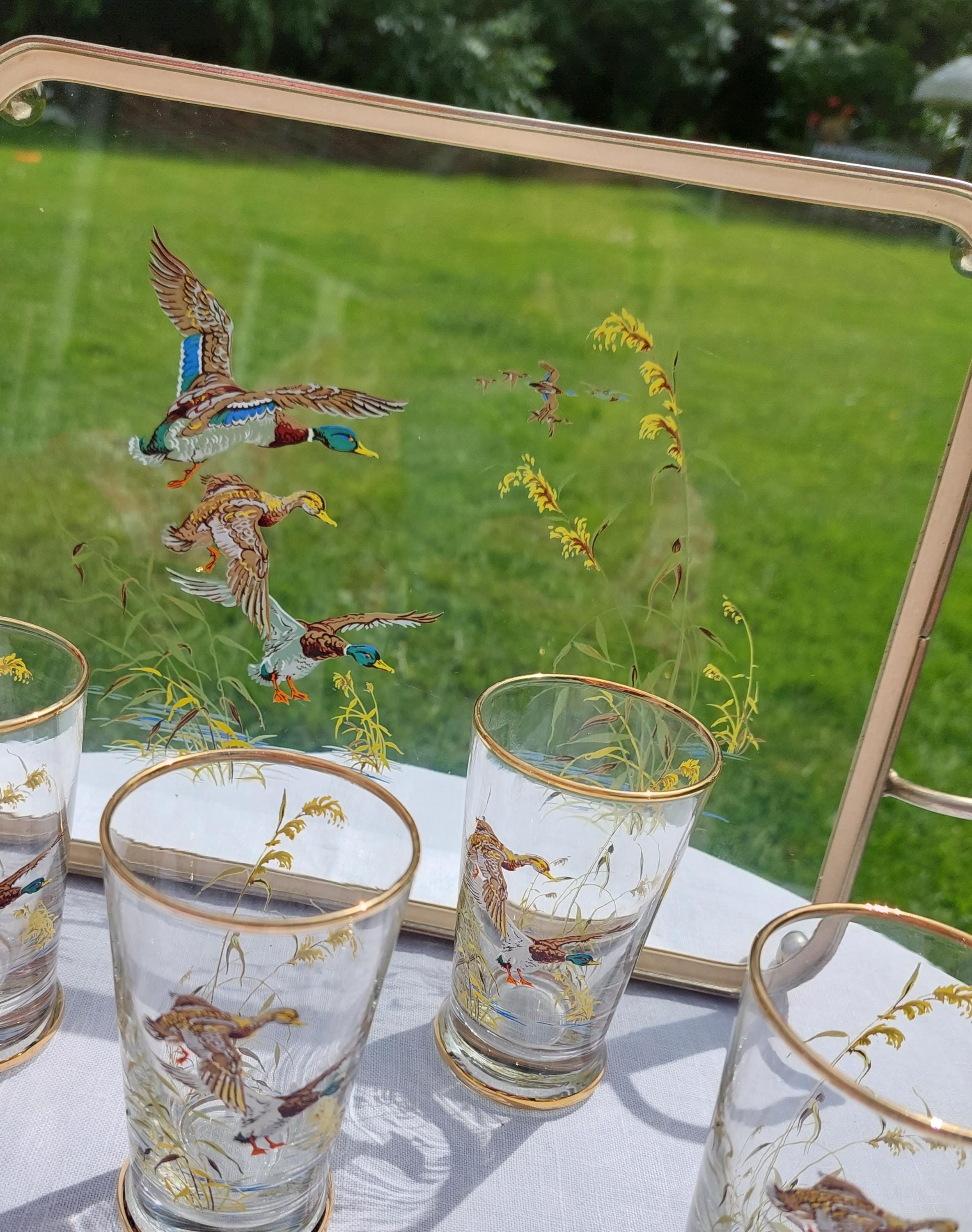 A Mid Century Glass Tray With Matching Beakers, Featuring Mallard Ducks ...