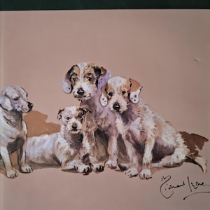 May include: Book cover with the title "FROM LITTER TO LATER ON" in white text on a dark green background. The cover features a watercolor painting of five puppies in shades of white, brown, and tan. The author's name, Michael Lyne, is at the bottom.
