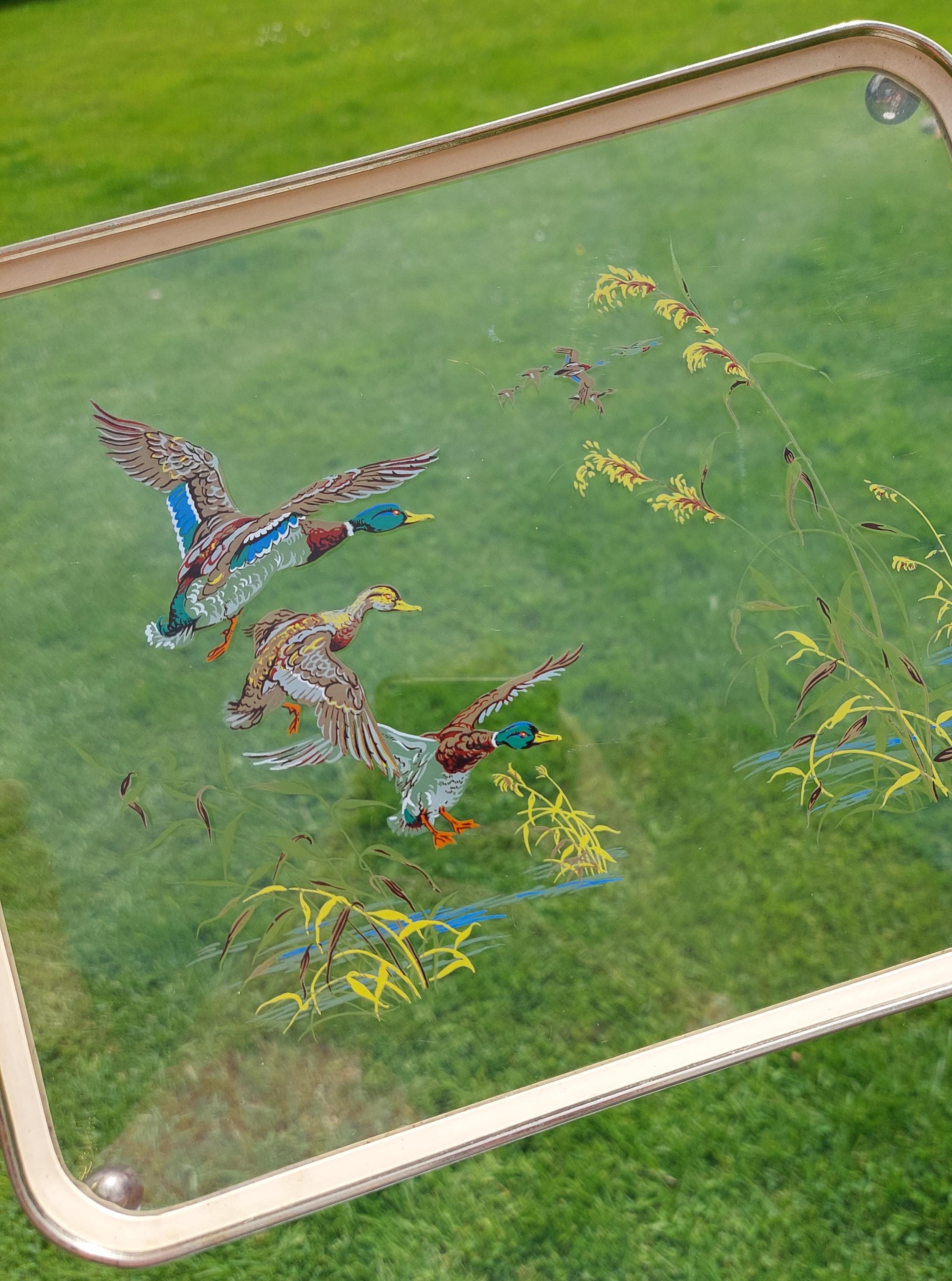A Mid Century Glass Tray With Matching Beakers, Featuring Mallard Ducks ...