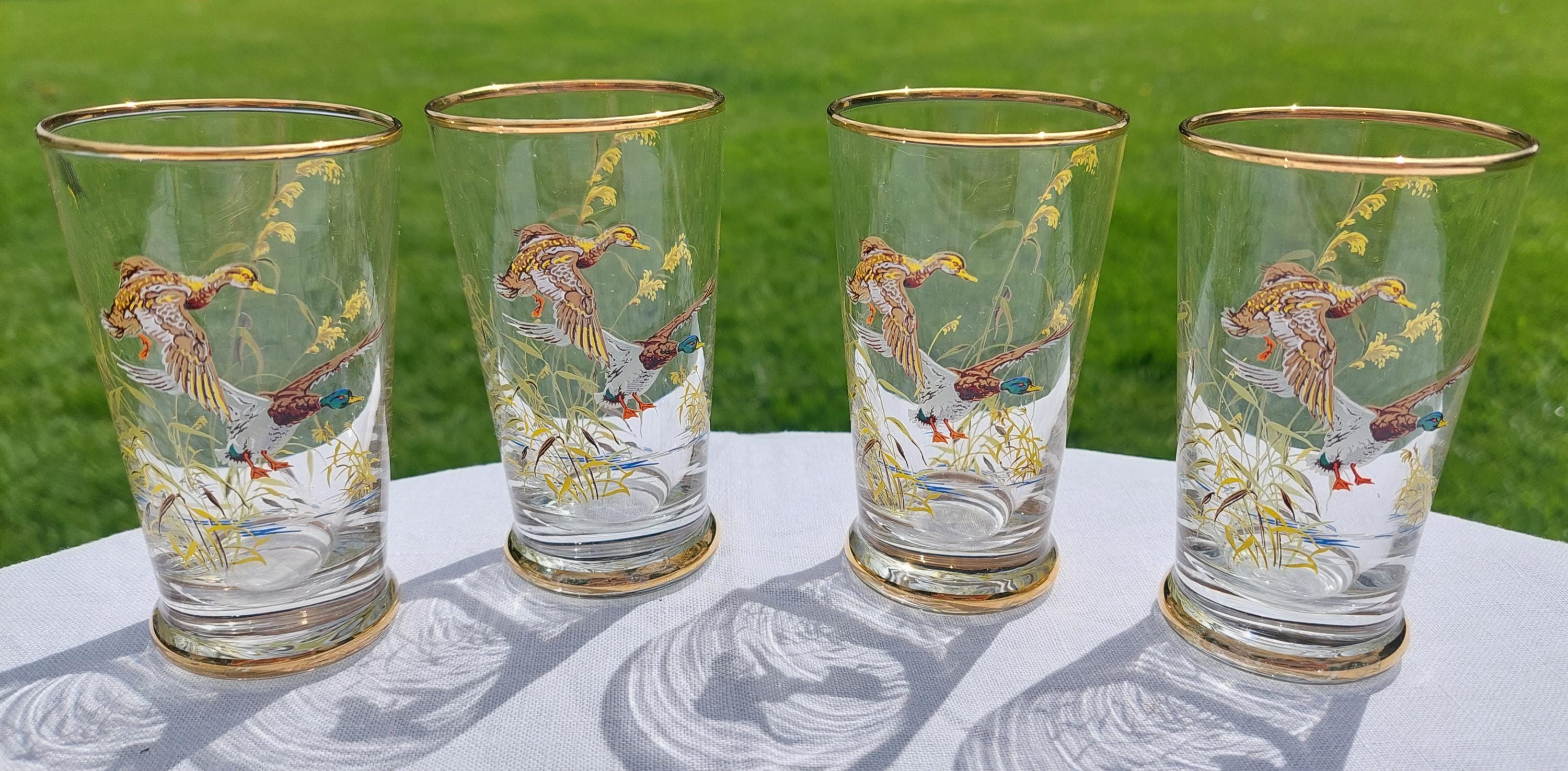 A Mid Century Glass Tray With Matching Beakers, Featuring Mallard Ducks ...