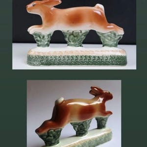 A rare pair of handpainted Rye Pottery, England figures in the form of running hares or maybe rabbits and perfect for ornamental bookends.