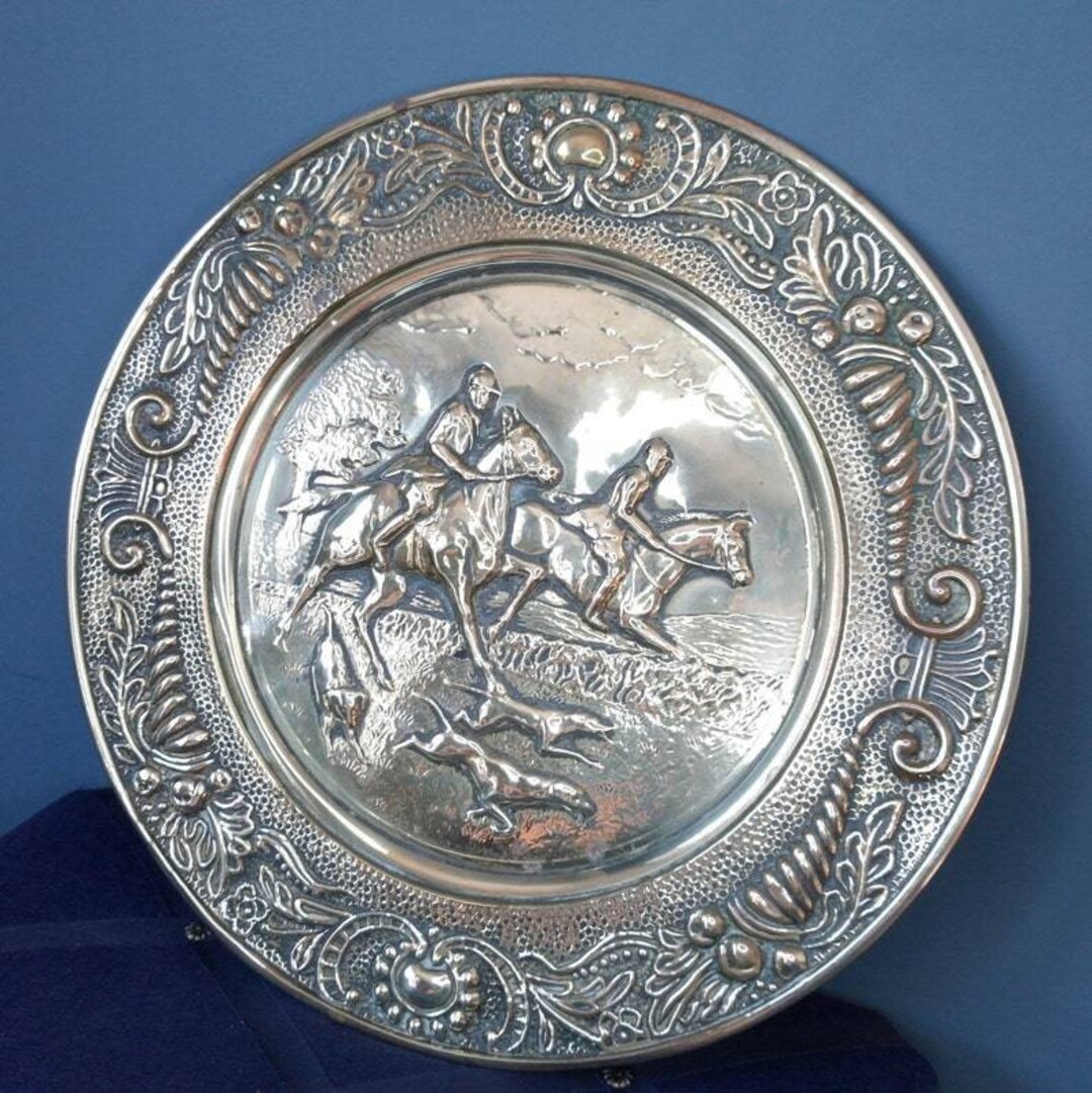 A Large Brass Plate Featuring an Embossed Horse and Hound Etsy