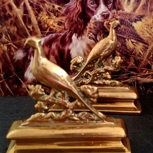 A stunning pair of 1940s ornate brass bookends in the form of pheasants Solid brass game bird door porters of hunting and shooting interest