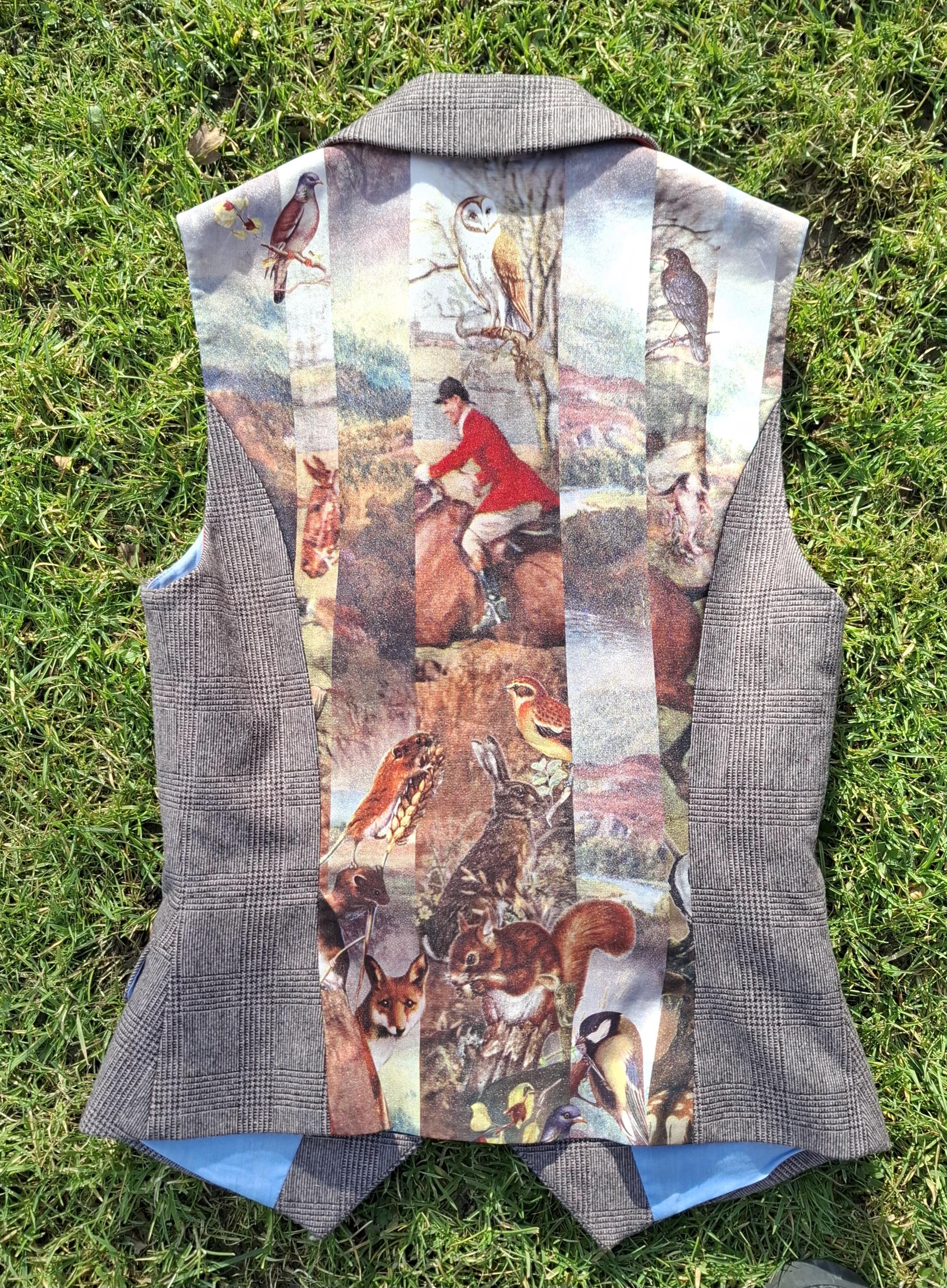 Um raro colete vintage feminino com cenas de vida rural, caça à raposa e vida selvagem do campo. Fabricado por Ted Baker. Traje Hunt Ball ?