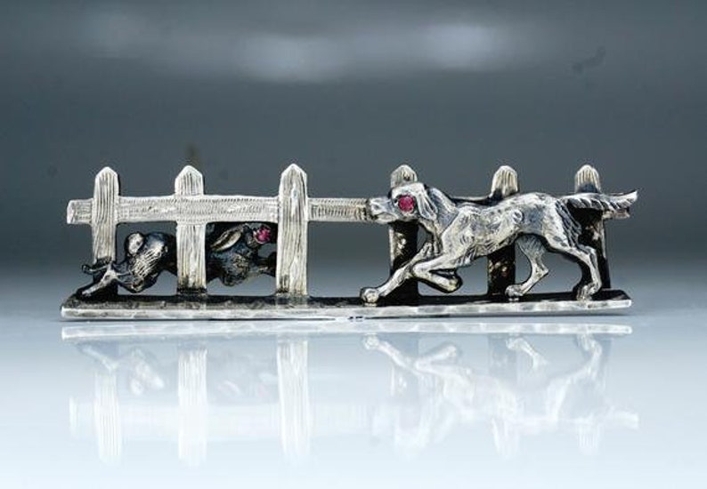 Hound brooch Hunting stock pin Rabbiting Hare coursing Art deco silver brooch depicting a dog and a rabbit Dog and a hare