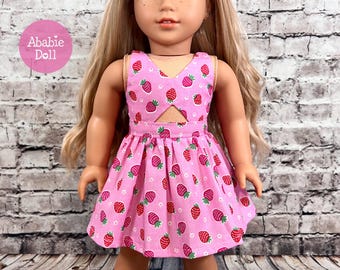 Woven Cotton Pink Strawberry Printed Sundress Dress with cutout For AG or 18" Inch Doll