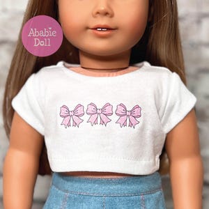 3 Pink Bows Trendy Coquette Ribbons Graphic on White Cropped Tee T-Shirt for AG 18 Inch Doll