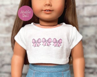3 Pink Bows Trendy Coquette Ribbons Graphic on White Cropped Tee T-Shirt for AG 18 Inch Doll