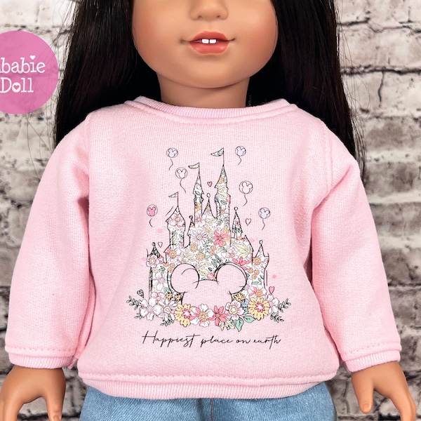 Light Pink Sweatshirt with Image "Happiest Place on Earth Castle" handmade to fit AG or 18 Inch Doll