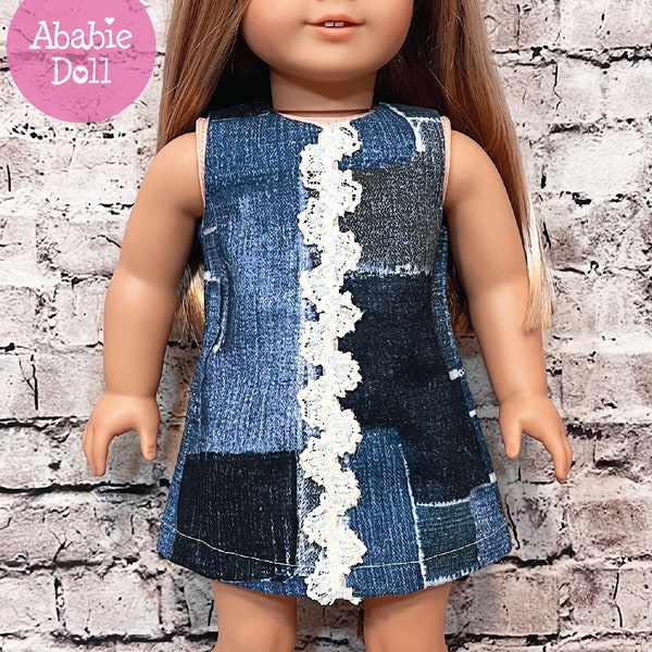 Cotton Denim Patch Work Print Aline Dress with Lace Details dress made For 18 Inch Doll