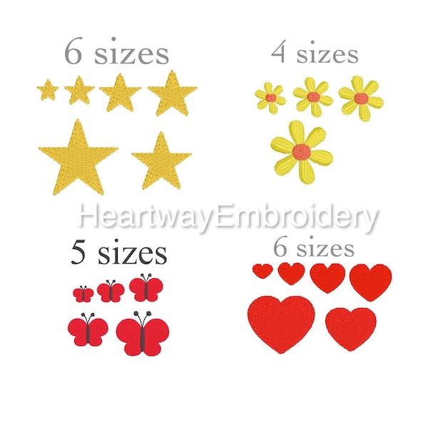 Tiny embroidery designs set - set of mini embroidery designs - tiny heart, tiny star, tiny daisy flower, tiny butterfly