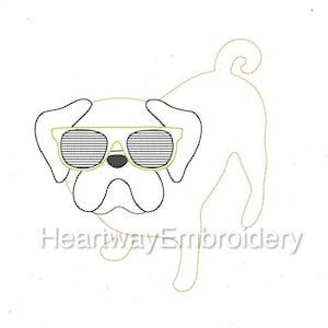 May include: Line art illustration of a pug wearing green sunglasses. The pug is facing forward and has a curled tail. The text "Heartway Embroidery" is below the pug.
