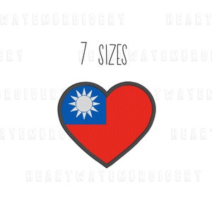May include: A red heart-shaped embroidery design featuring the flag of Taiwan. The flag is blue with a white sun and a red stripe at the bottom. The design says "7 SIZES" in white text.