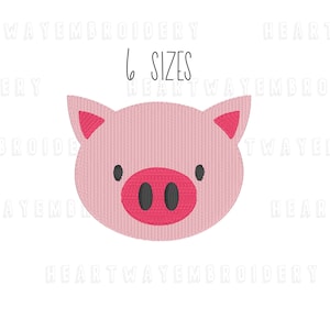 May include: A pink pig face embroidery design with dark gray eyes and a pink snout. The design includes the text "6 SIZES" in black. This design is suitable for various embroidery projects.