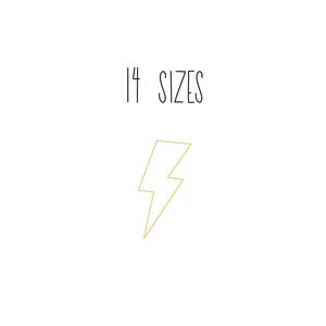 May include: Text that reads "14 SIZES" in black font. A yellow lightning bolt graphic is below the text.