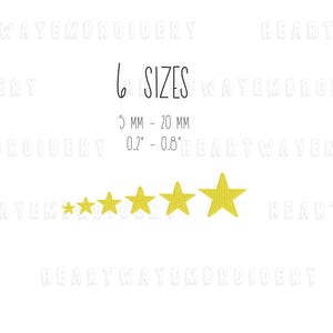 May include: Six yellow star embroidery designs in various sizes, ranging from 0.2 inches to 0.8 inches. The text "6 SIZES" is above the stars, and the text "5 MM - 20 MM" is below the stars.