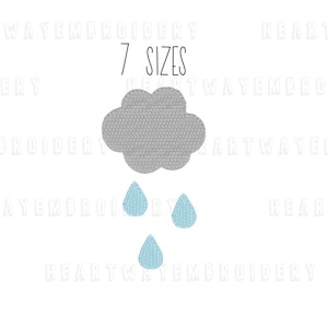 Peut inclure: Un nuage gris avec trois gouttes de pluie bleu clair qui tombent. Le texte "7 SIZES" est au-dessus du nuage.