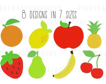 Fruit Embroidery Design Set: Apple, Banana, Cherry + Embroidery Bundle (7 Sizes) (Digital Download)