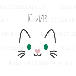 May include: A simple black and white line drawing of a cat face with green eyes and a pink nose. The text "10 SIZES" is above the cat face.