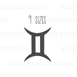 May include: Black and white illustration of the Gemini zodiac sign. The text "9 SIZES" is above the sign.