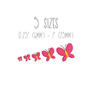 Könnte beinhalten: Fünf rosafarbene Schmetterlingsformen in verschiedenen Größen, von 0,6 cm (6 mm) bis 2,5 cm (25 mm). 5 GRÖSSEN 0,25" (6MM) - 1" (25MM)