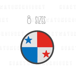 Pode incluir: Um desenho de bordado circular que apresenta a bandeira do Panamá. A bandeira é um retângulo branco com uma faixa vermelha no lado direito e uma faixa azul no lado esquerdo. Há uma estrela branca na faixa azul e uma estrela vermelha na faixa vermelha. O desenho é rodeado por um contorno preto.