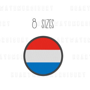 May include: A circular embroidered patch featuring the flag of the Netherlands. The patch is red, white, and blue with a black outline. The text "8 SIZES" is visible above the patch.