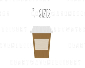 May include: Embroidered design of a brown coffee cup with a white lid and a white label. The design is available in 9 sizes. The text "9 SIZES" is above the cup.