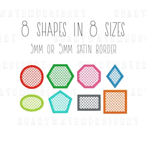 May include: Eight different shapes with a grid pattern in red, green, pink, blue, turquoise, gray, and orange. The shapes are a circle, hexagon, octagon, diamond, pentagon, rectangle, and square. The text "8 SHAPES IN 8 SIZES" and "3MM OR 5MM SATIN BORDER" is included in the image.