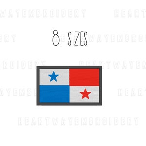 Pode incluir: Etiqueta bordada da bandeira do Panamá. A bandeira é um retângulo com uma faixa diagonal branca do canto superior esquerdo para o canto inferior direito. O triângulo superior esquerdo é azul com uma estrela branca de cinco pontas. O triângulo inferior direito é vermelho com uma estrela branca de cinco pontas.