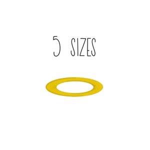 May include: A yellow halo embroidery design in five different sizes. The text "5 SIZES" is above the halo.